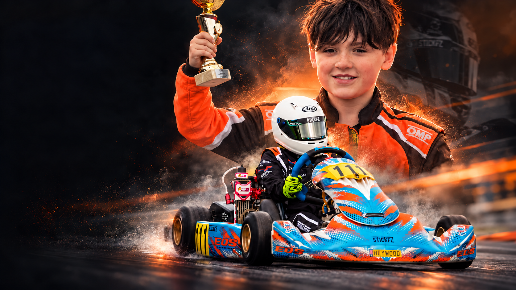 AI-assisted composite of Felix celebrating with his trophy above kart number 111